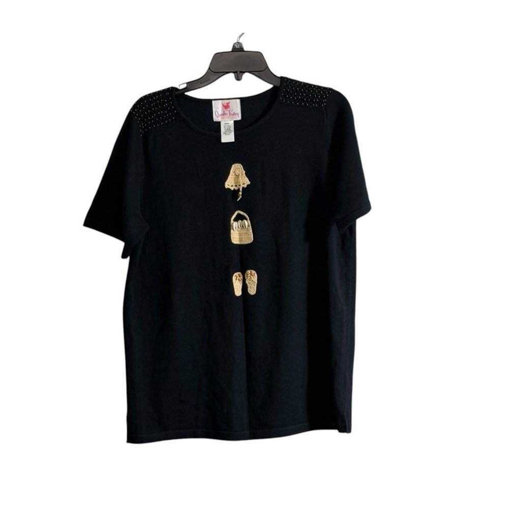 The Quaker Factory Short Sleeve Knit Sweater Small Embellished summer applique